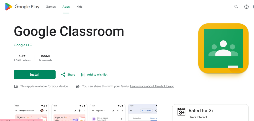 Screenshot of Google Classroom App