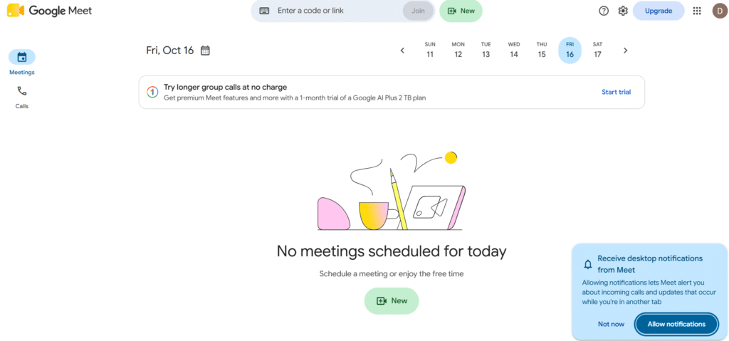 Screenshot of homepage of Google meet