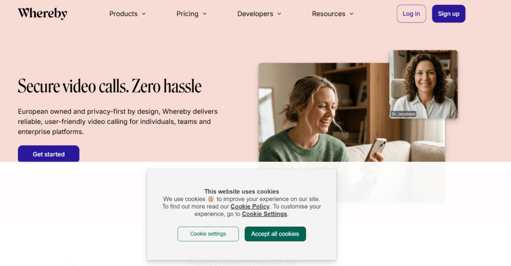 Screenshot of homepage of Whereby