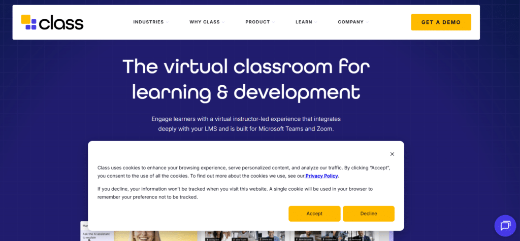 Screenshot of homepage of Class