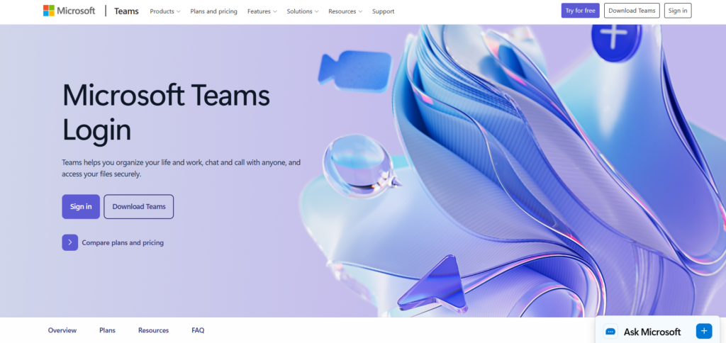 Screenshot of homepage of Microsoft Team