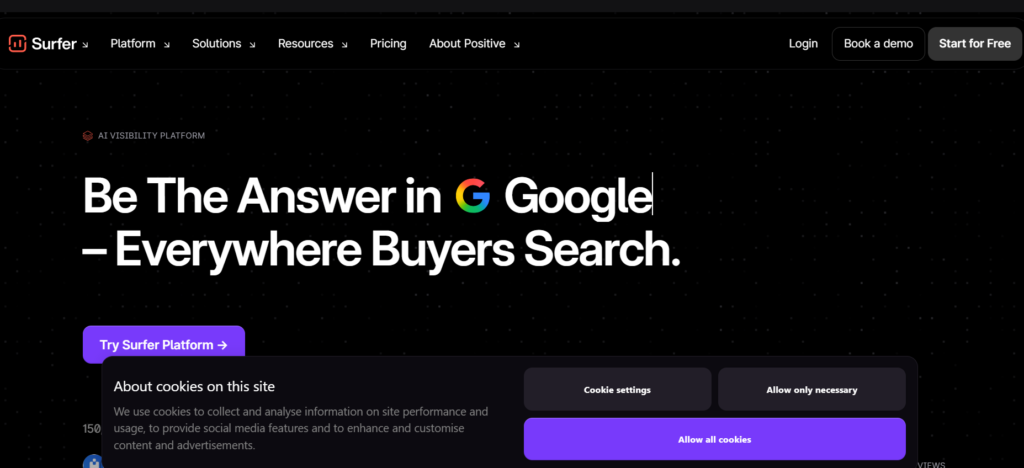 Screenshot of surferseo homepage