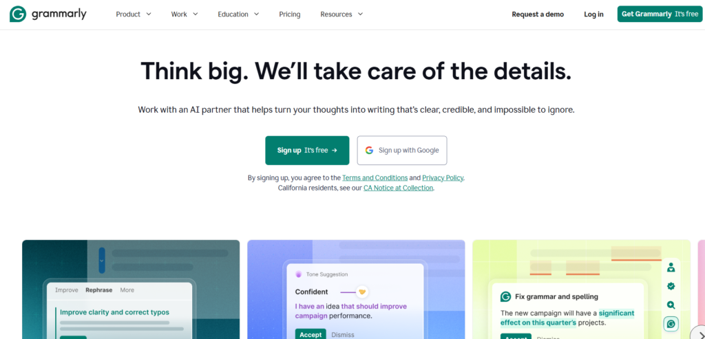 Screenshot of Grammarly Homepage