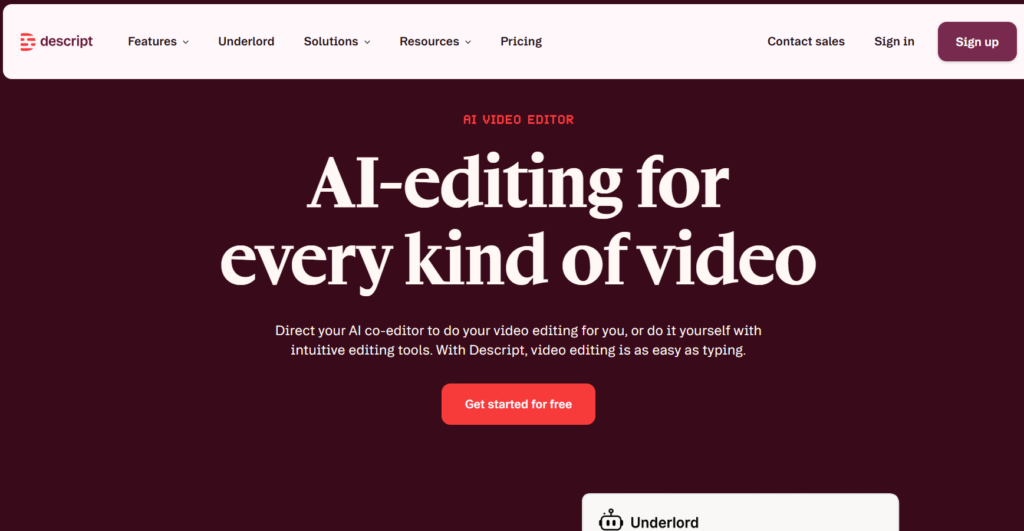 Screenshot of Descript Homepage